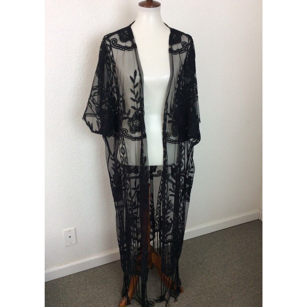 Shein Kimono Beach Coverup Floral Embroidery Fringe Trim
